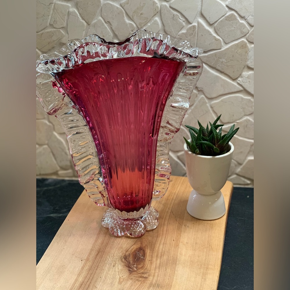 CHALET | Vintage Cranberry Glass Ruffled Vase